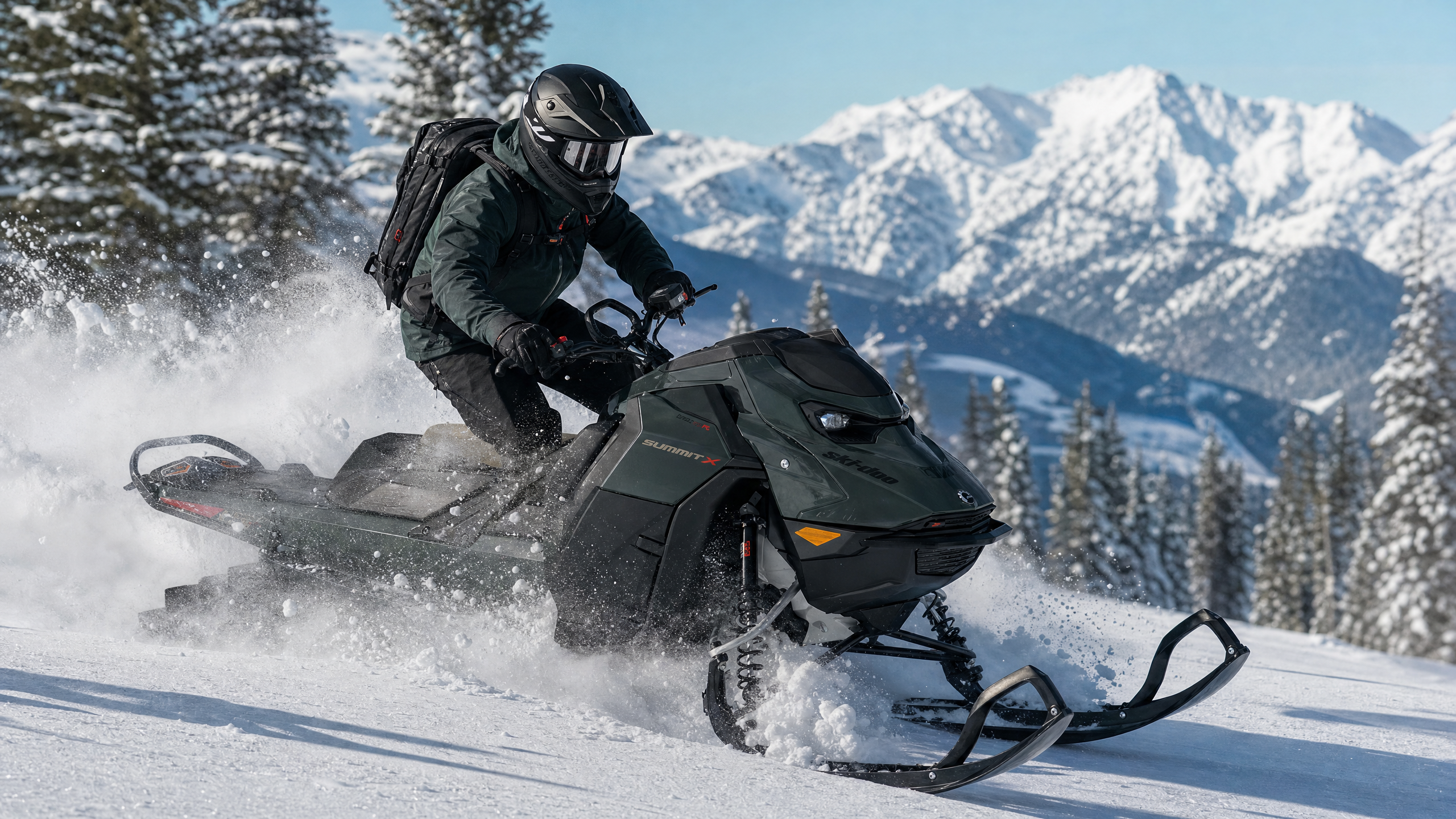 A highly detailed action photograph of a rider on a dark green snowmobile carving through deep powder snow. The snowmobile is aggressively kicking up a large, dynamic spray of snow around the skis and tracks. The rider is wearing full winter gear, including a black helmet, goggles, and a dark jacket with a backpack. The background features a dramatic alpine landscape with snow-covered pine trees, rugged mountain peaks, and bright daylight. The image has a sharp focus on the subject, capturing the extreme sports vibe with cinematic, high-resolution winter photography. Keep the machine reference as is, do not alter any component as this is an ad that requires high fidelity realism.