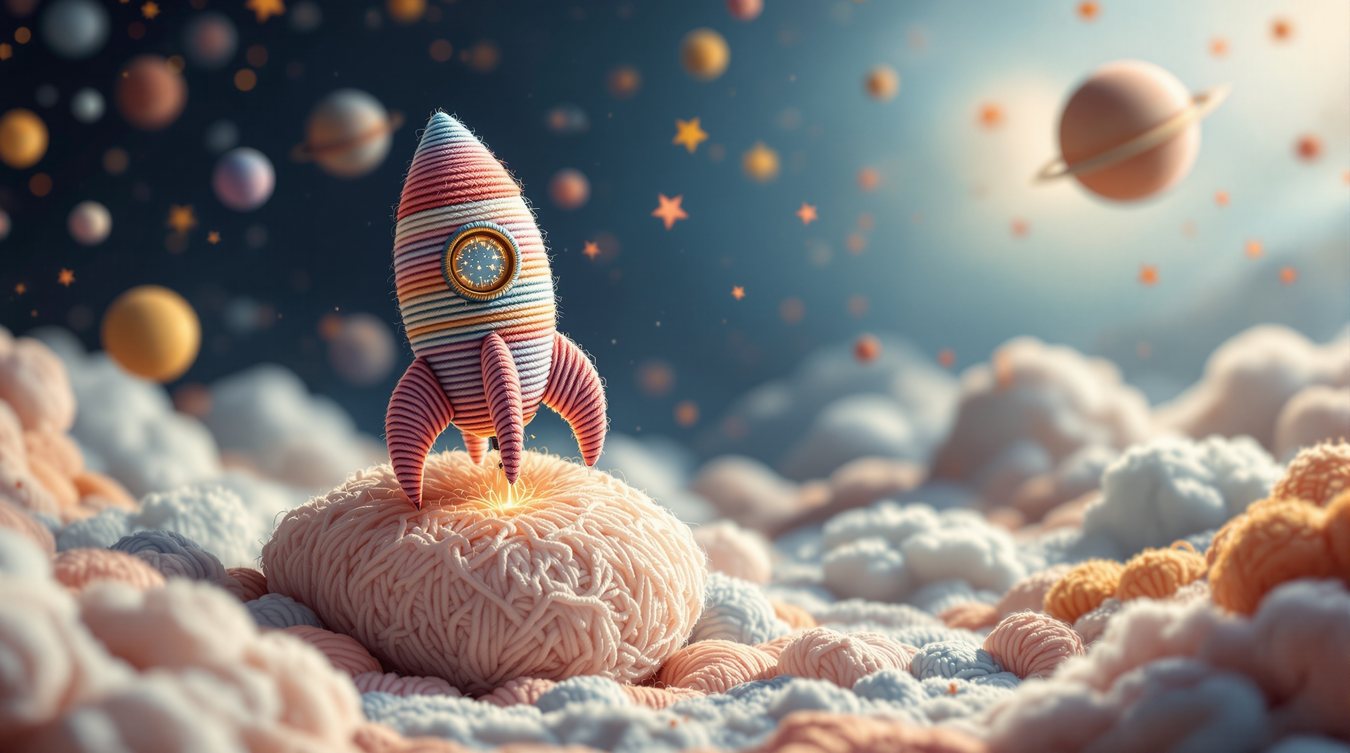 In a world made of yarn, a rocket made of yarn lands on the moon made of yarn, stars and planets made of yarn.