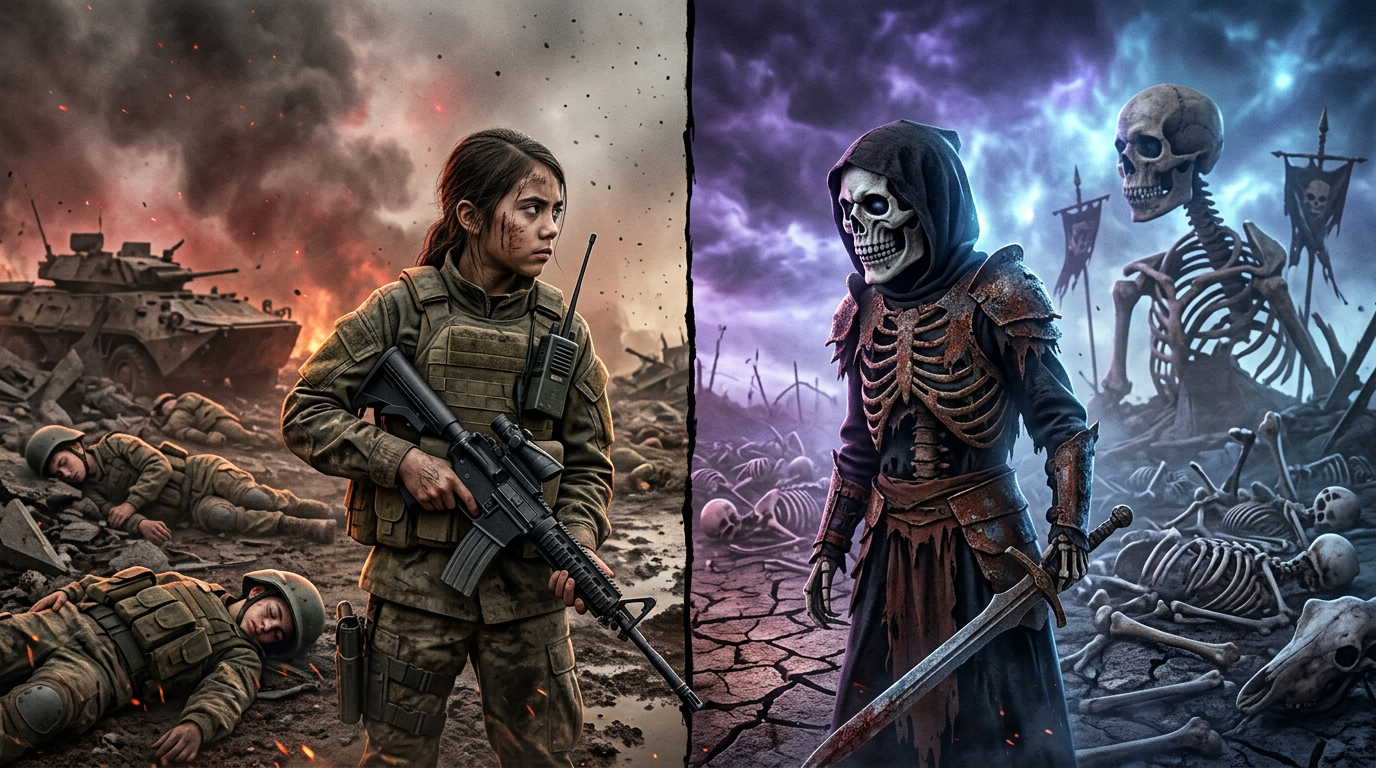 Subject: Juliette as a skeleton warrior and Zoé as a human soldier commander. Maintain the facial features and identity of the girl on the right for Zoé (ref: Image 1 and 2). Maintain the skeleton costume elements for Juliette (ref: Image 3). Include fallen young soldiers (girls and boys) scattered in the background.
Action: A tense, static face-off representing the ultimate battle between the skeleton warrior and the human commander.
Location: A dark, devastated war-torn battlefield.
Composition: A clear split-screen layout. One half depicts the gritty human battlefield with casualties; the other half reveals the supernatural skeleton world.
Style: Cinematic, gritty war film still, dramatic high-contrast lighting, hyper-realistic photography. Zoé (sarah)