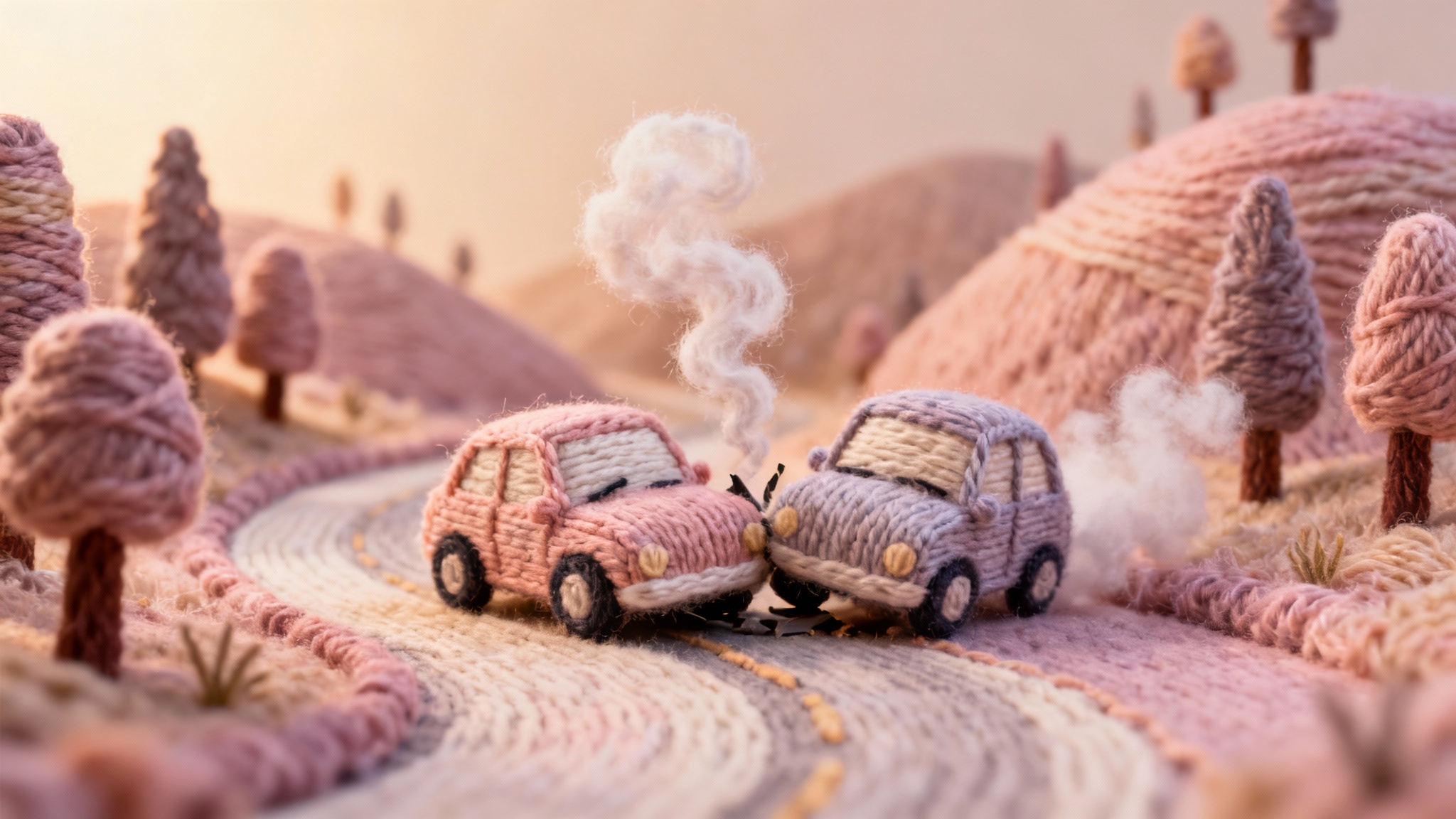 in a world made of yarn, two Cars made of yarn crash, the smoke is made of yarn, the road and the landscape are made of yarn.