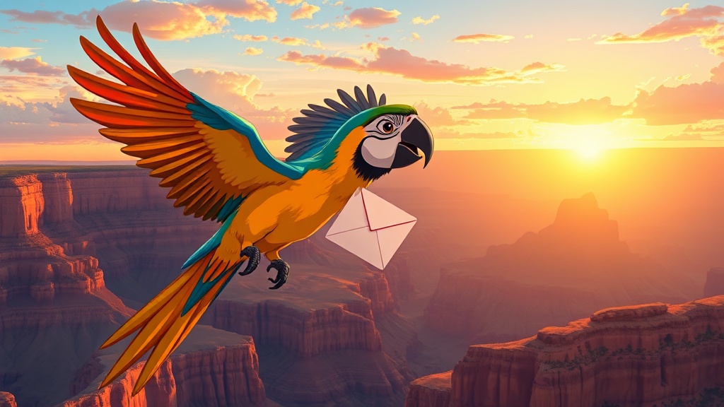 A colorful macaw delivering a love letter, flying over the Grand Canyon at sunrise, in the style of anime