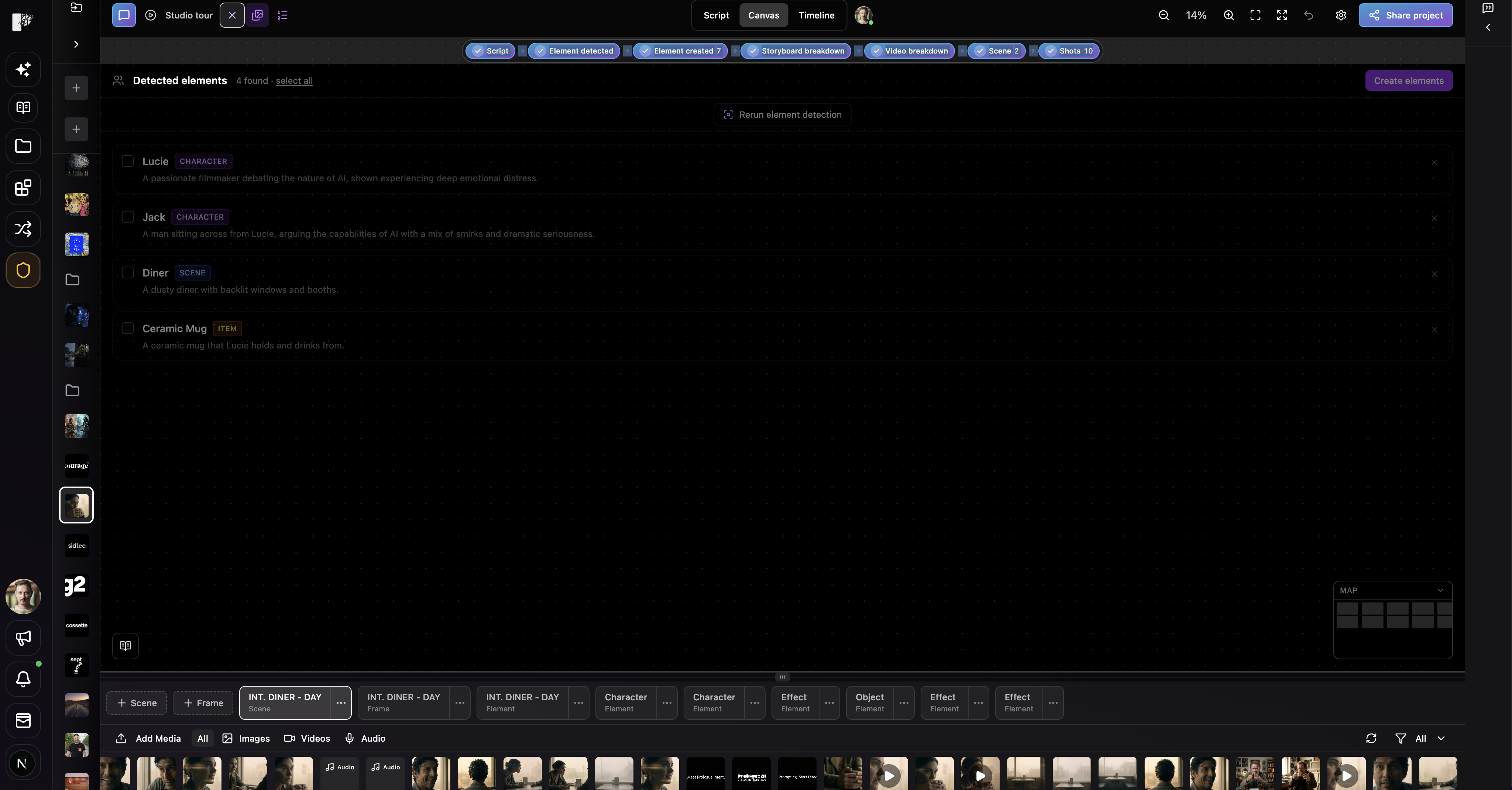 Detected elements from a filmmaking script