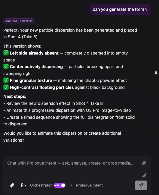 Orchestrator and Prologue Intent chat in Multimodal Studio